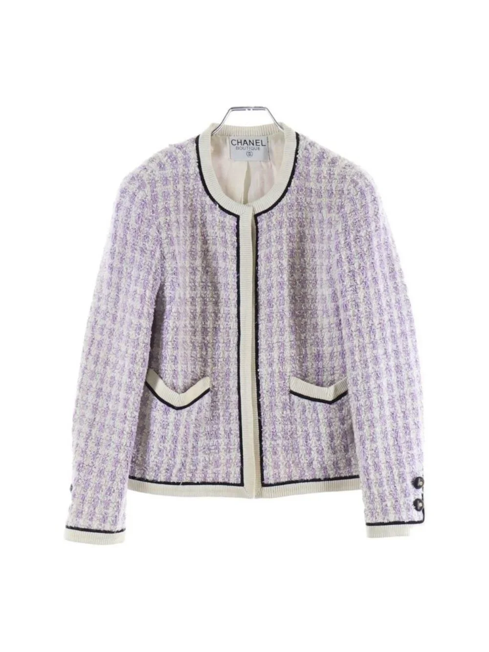 Chanel Boutique Vintage Tweed Jacket Skirt Short Set Coat CC Logo Button Purple